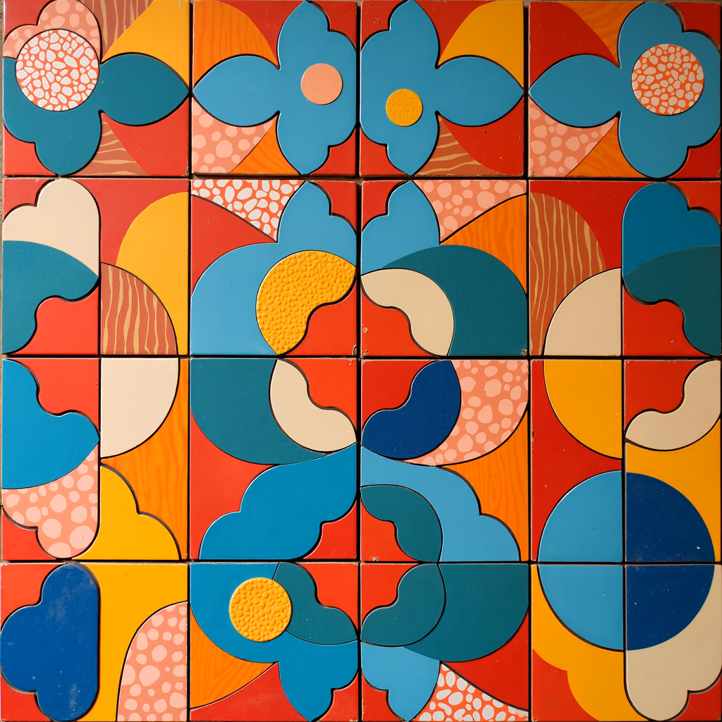 Bold geometric tiles in vibrant colors create a dynamic and playful abstract design.