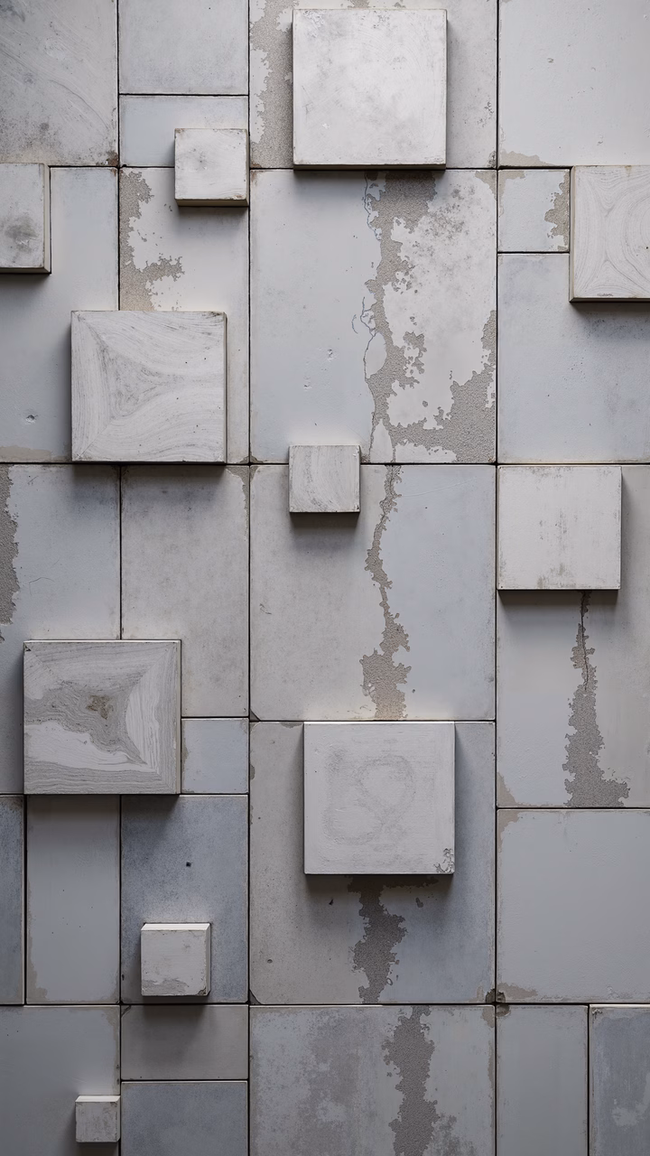 Close-up of abstract geometric tiles in varying sizes and shapes, showcasing a minimalist architectural design.