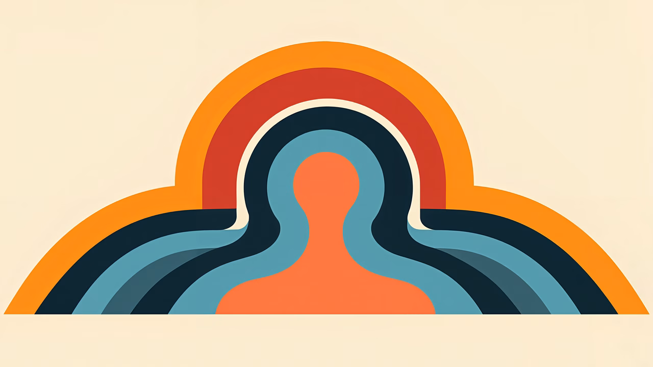 Stylized human silhouette with vibrant colors and flowing lines on a beige background.
