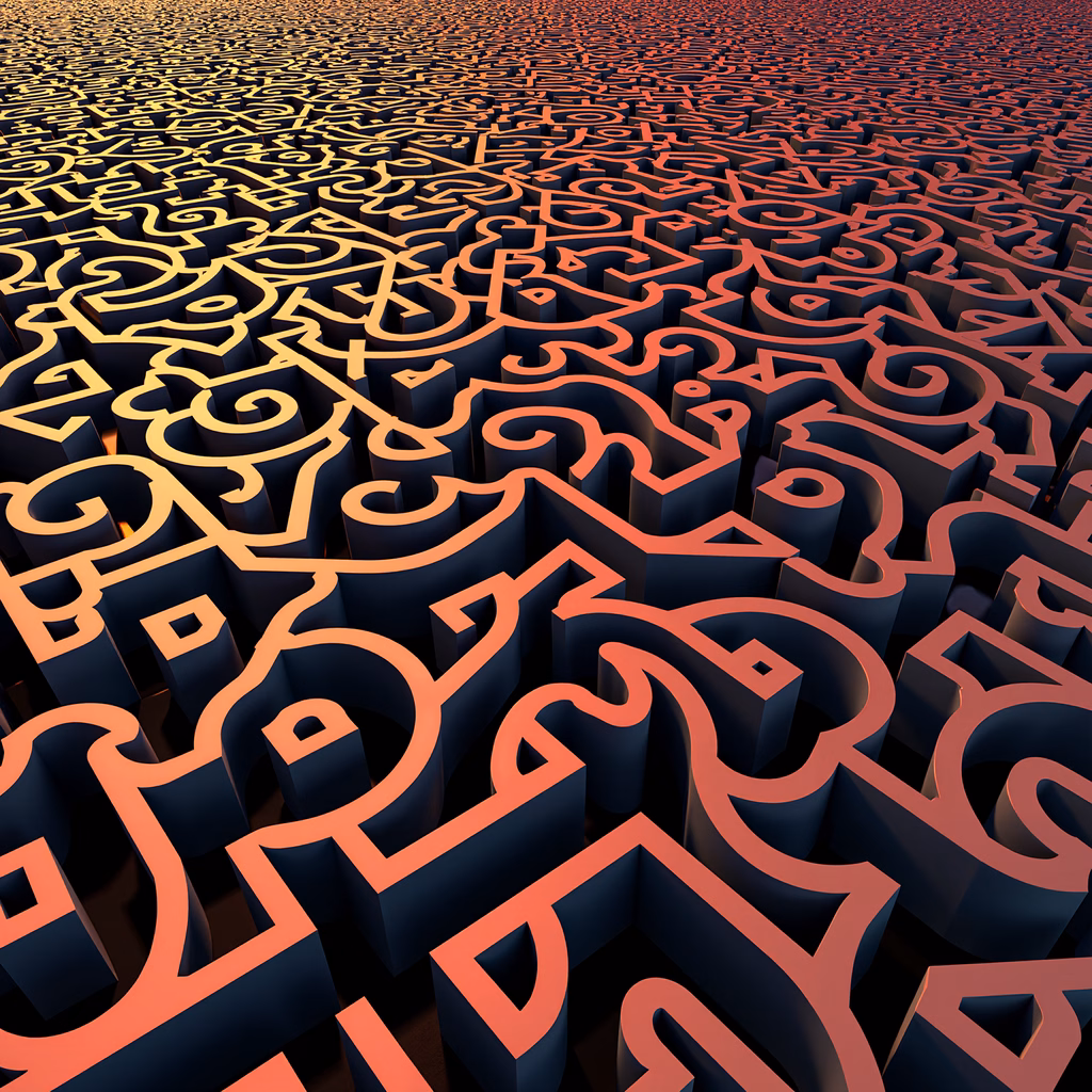 Complex maze design with warm oranges and deep blues, inviting exploration and mystery.
