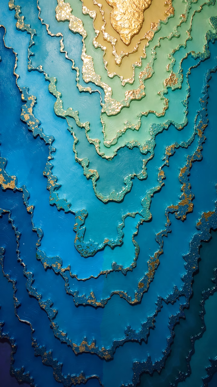 Vibrant abstract depiction of ocean waves in blue and gold tones.