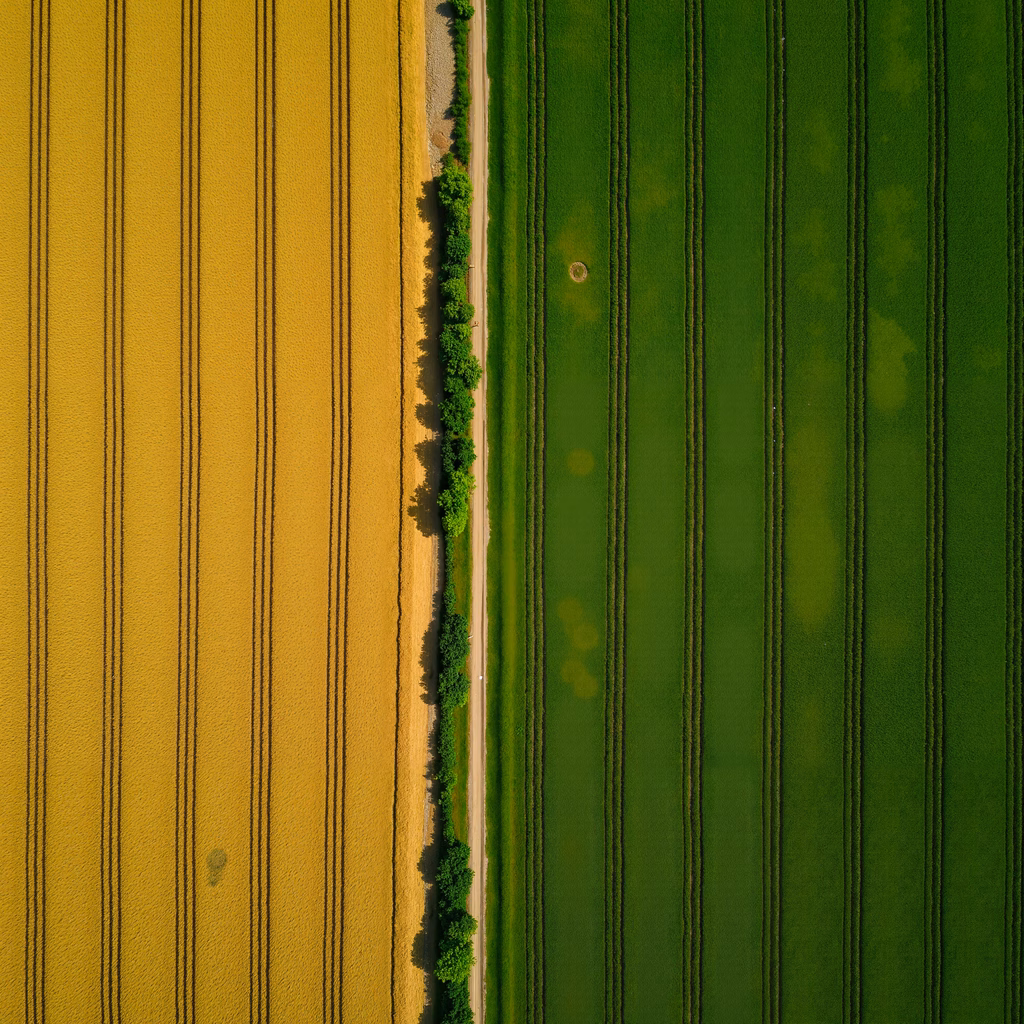 Aerial view of contrasting golden and green fields separated by a dirt road, tranquil rural landscape.