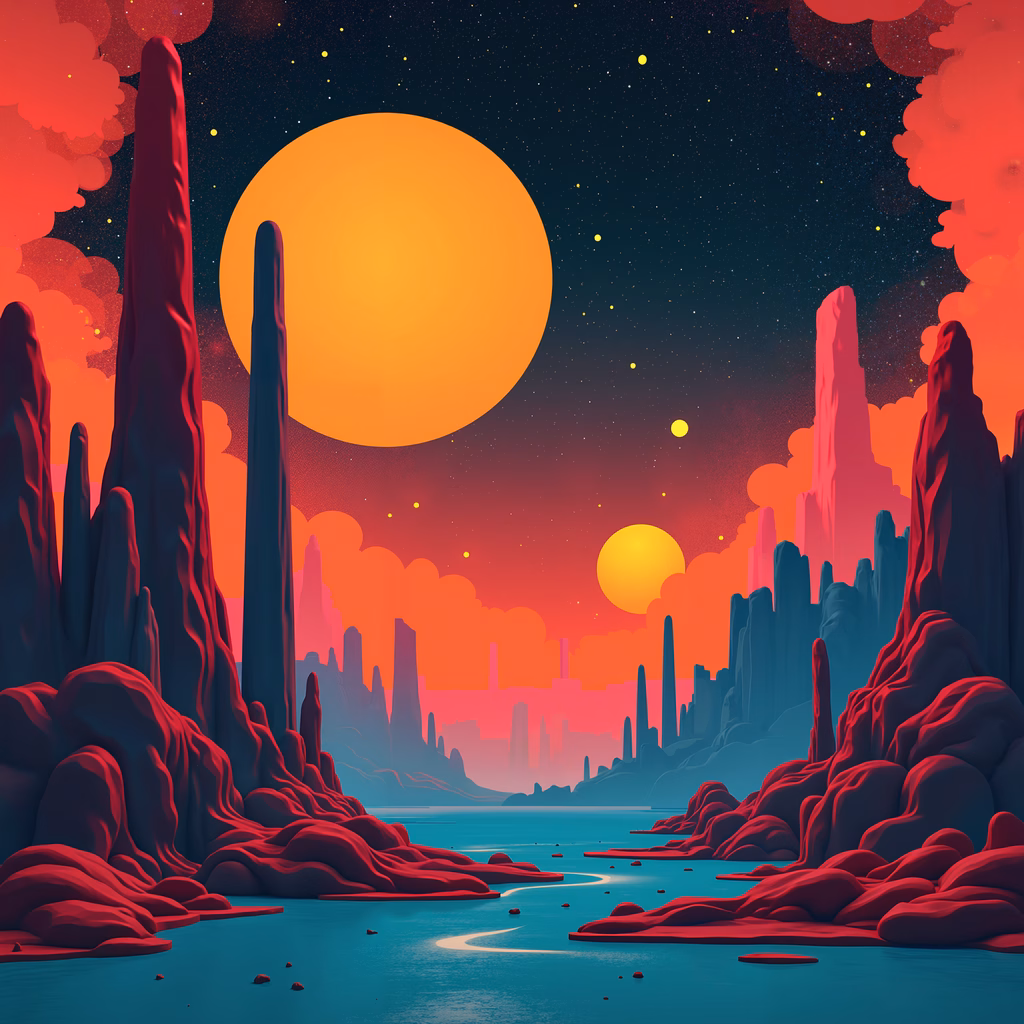 Vibrant alien landscape with towering red rocks and a glowing orange sun.