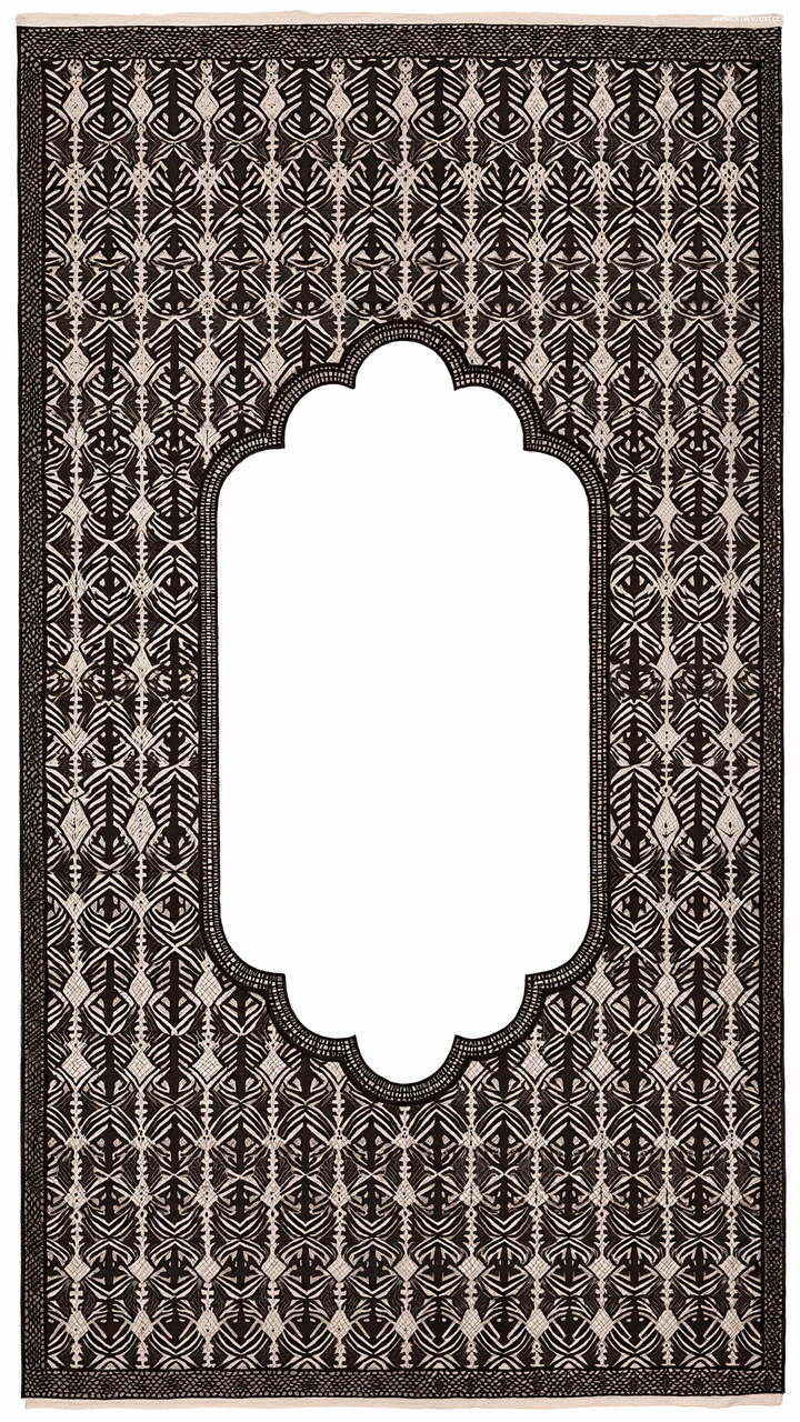 Intricate black and white geometric pattern with central archway, inspired by Islamic art.