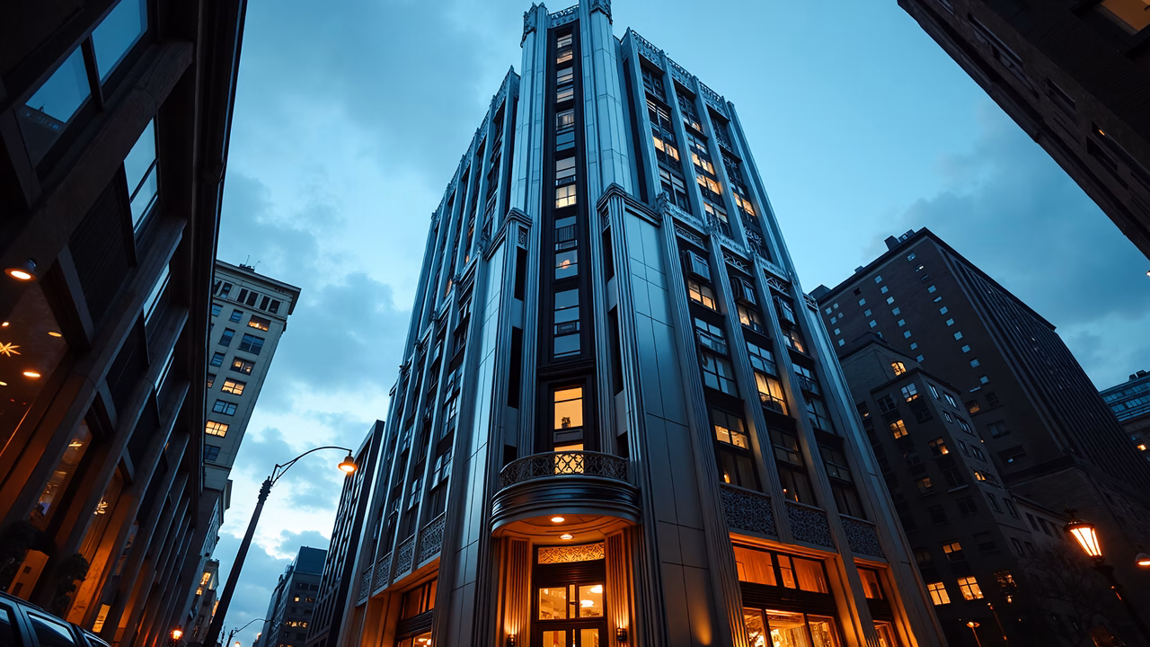 Elegant Art Deco building illuminated at twilight, showcasing architectural beauty and urban charm.