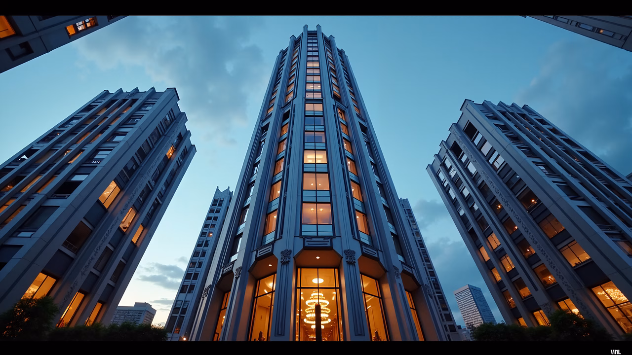 Elegant Art Deco skyscrapers illuminated at dusk