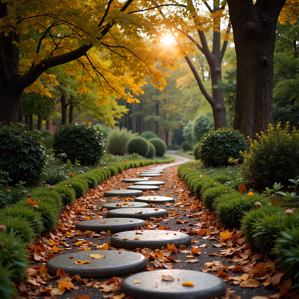 A peaceful pathway amidst autumn colors and natural light.