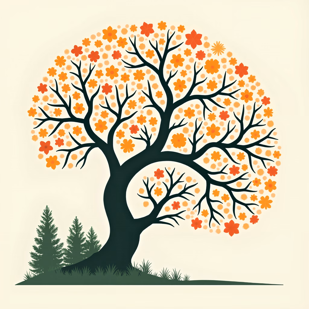 Autumnal tree illustration with warm colors and serene atmosphere.