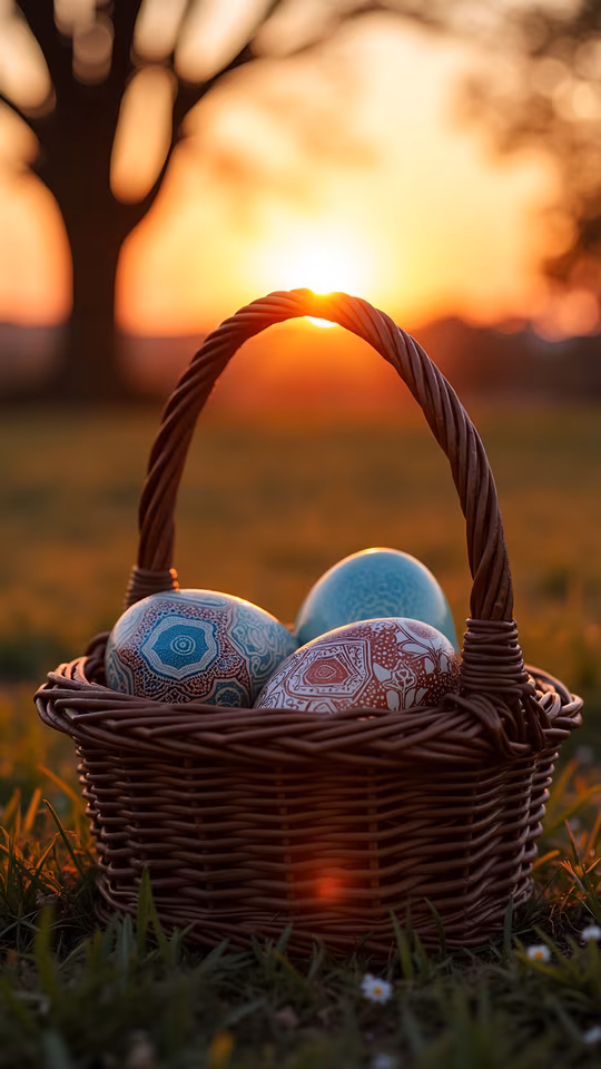 Basket of Easter Eggs at Sunset