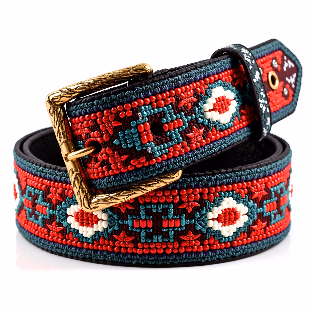 Detailed beaded belt with vibrant colors and intricate patterns.
