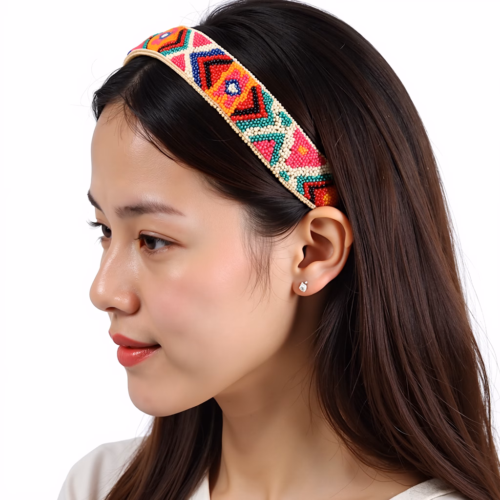 Close-up of a person wearing a colorful beaded headband against a white background.