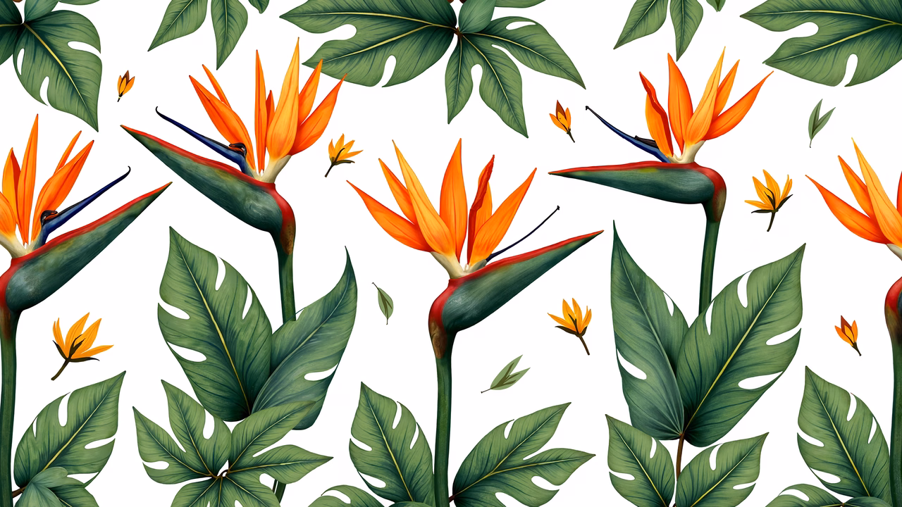 Vibrant bird of paradise flowers in a tropical botanical illustration.