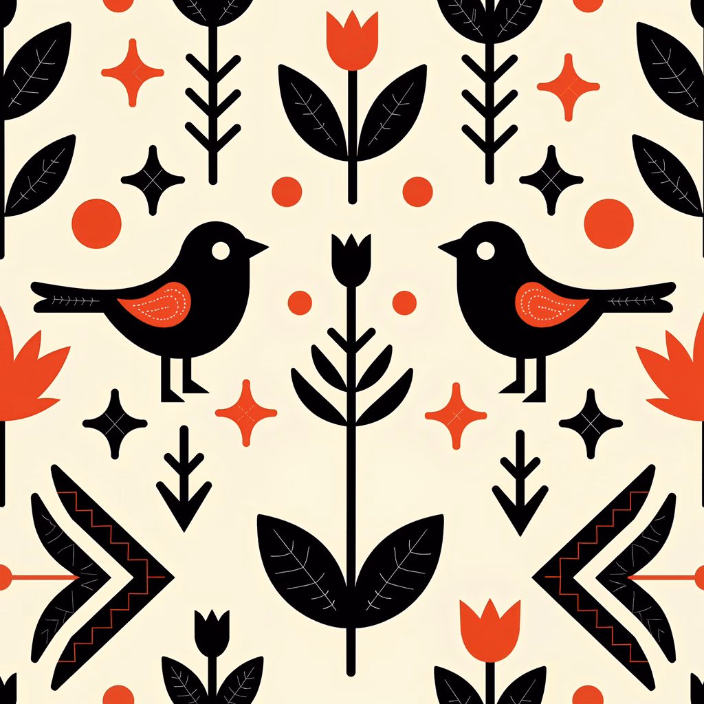 Stylized birds and flowers in a cheerful pattern design.