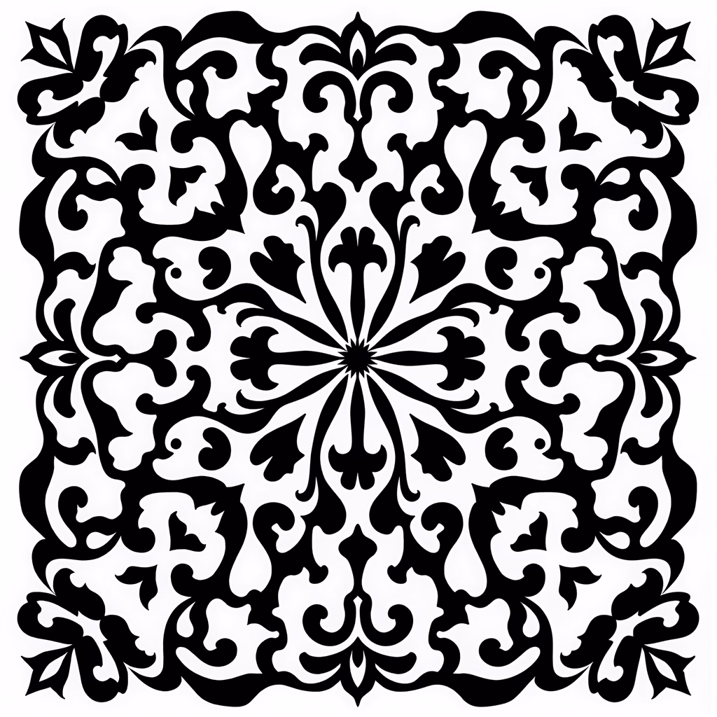 Symmetrical black and white ornamental pattern with intricate details and bold contrast.