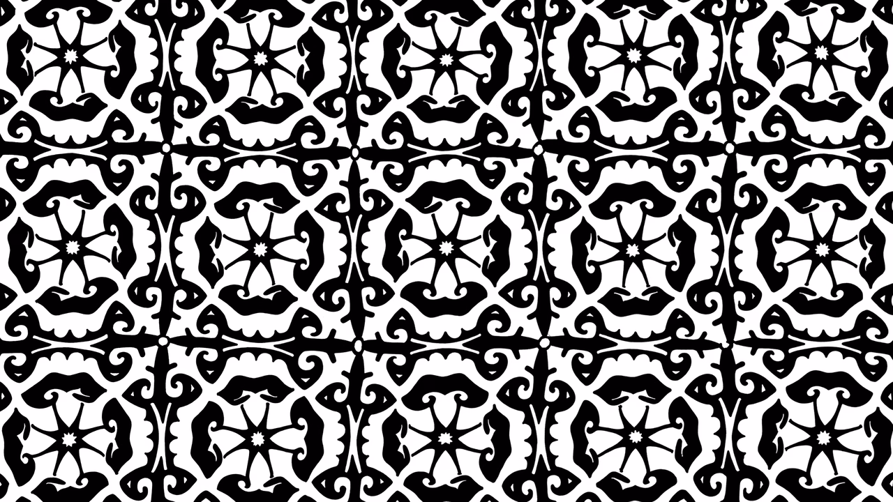 Detailed black and white ornamental pattern with geometric motifs and floral designs.