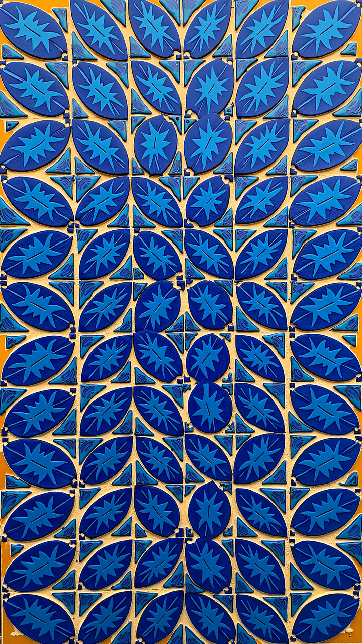 Vibrant blue tiles pattern on a yellow background, geometric design, artistic illustration