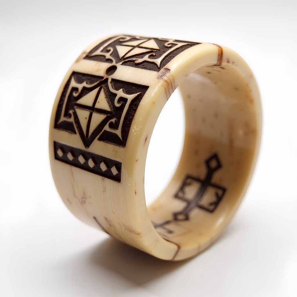 Detailed bone ring with geometric carvings, showcasing ancient craftsmanship.