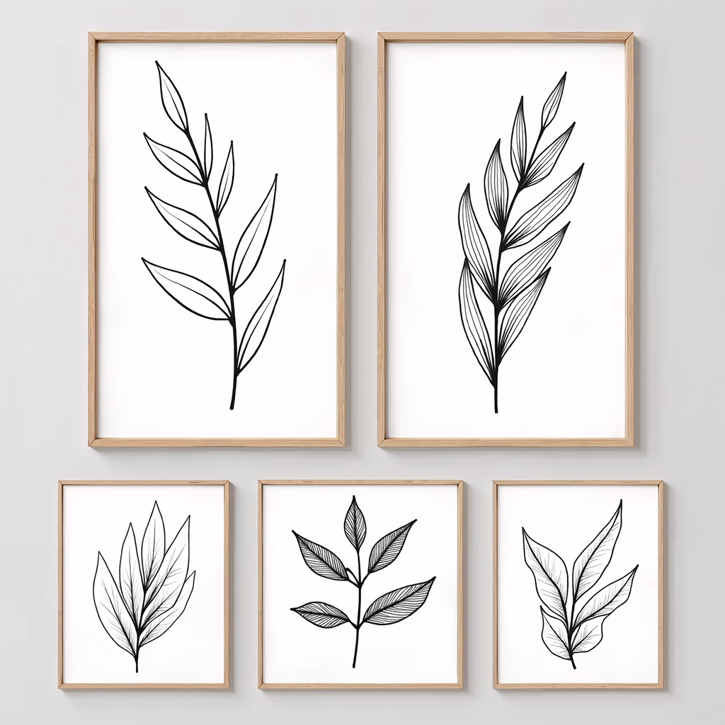 Minimalist botanical line art prints featuring delicate black and white drawings of leaves and stems.