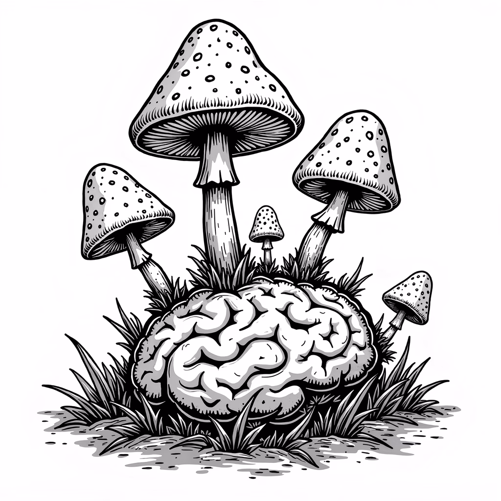 Monochrome illustration of a brain amidst mushrooms, evoking curiosity and wonder.