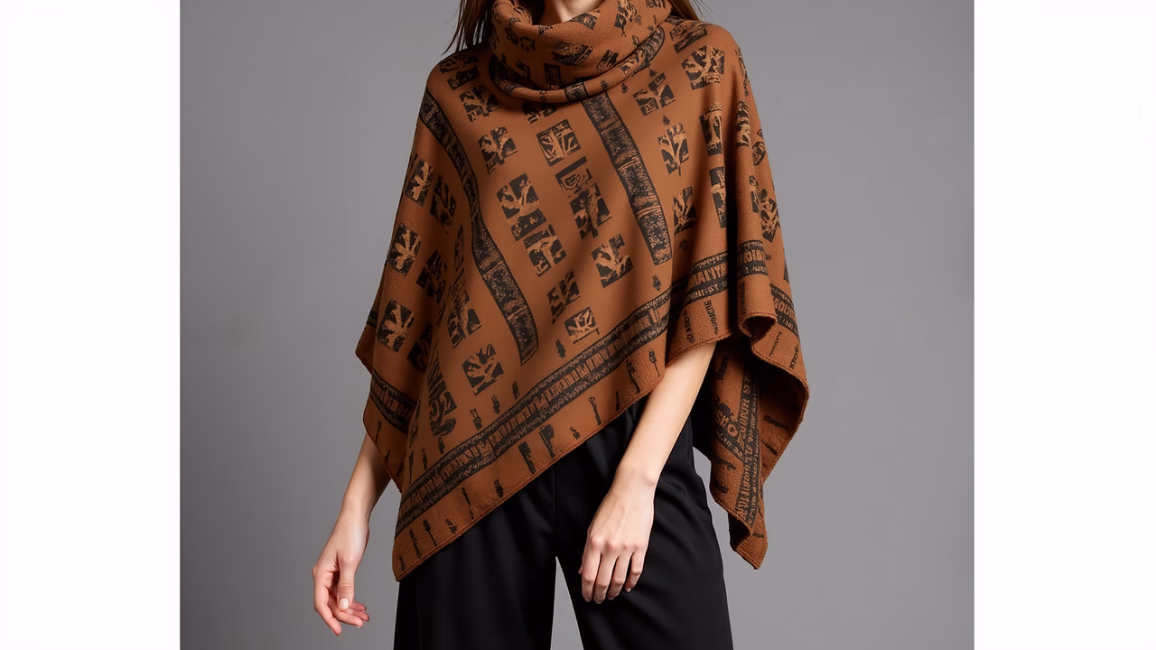 Close-up of a woman in a stylish brown poncho with black geometric patterns against a neutral gray background.
