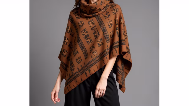 Brown Poncho with Ethnic Print