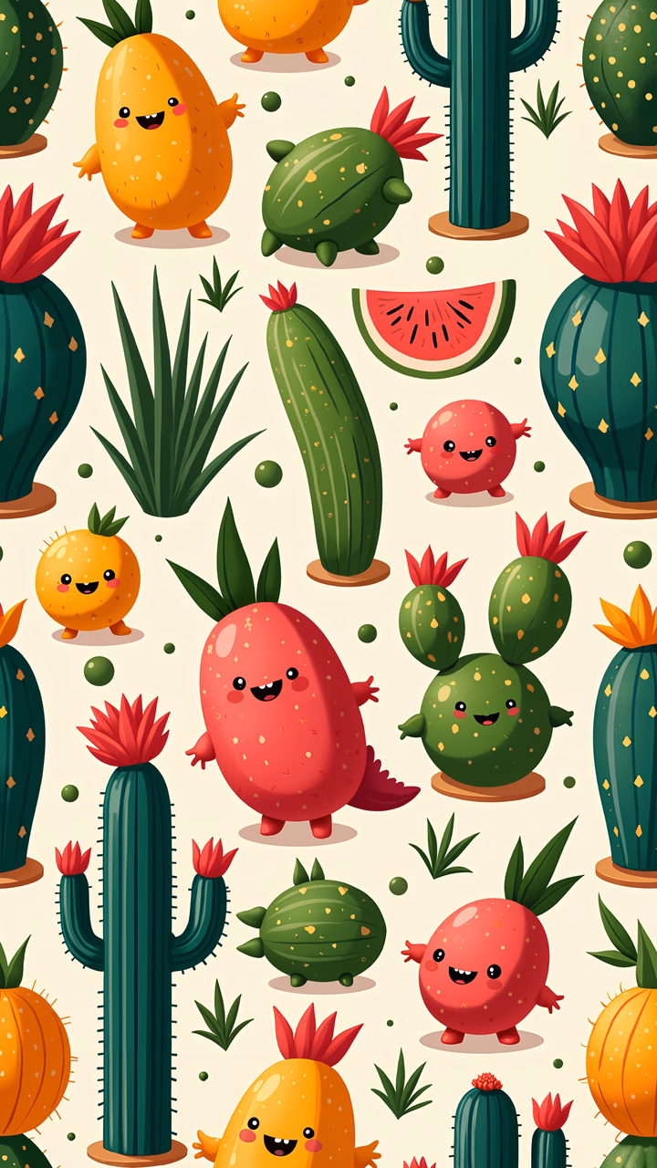 Whimsical anthropomorphic cacti and fruits with cheerful expressions on a soft beige background.
