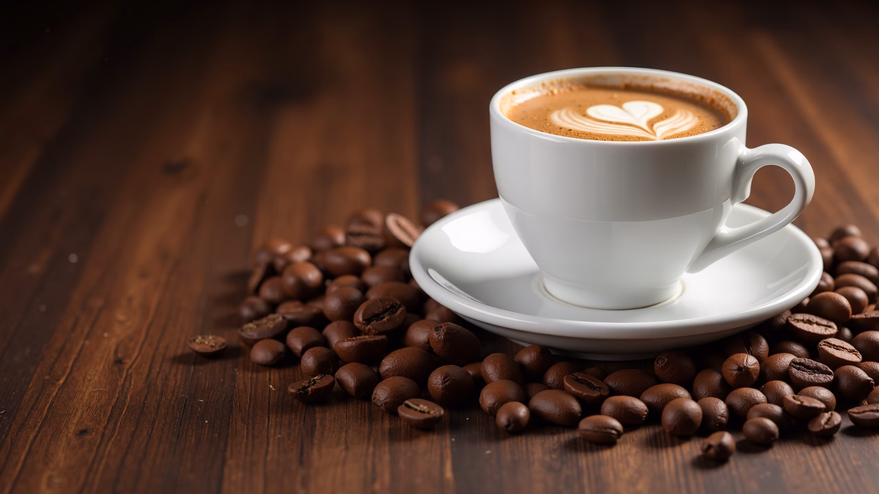 Close-up of a cappuccino with latte art and scattered coffee beans on a wooden surface.