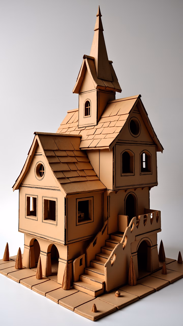 A beautifully illustrated cardboard house with a rustic charm and detailed architecture.