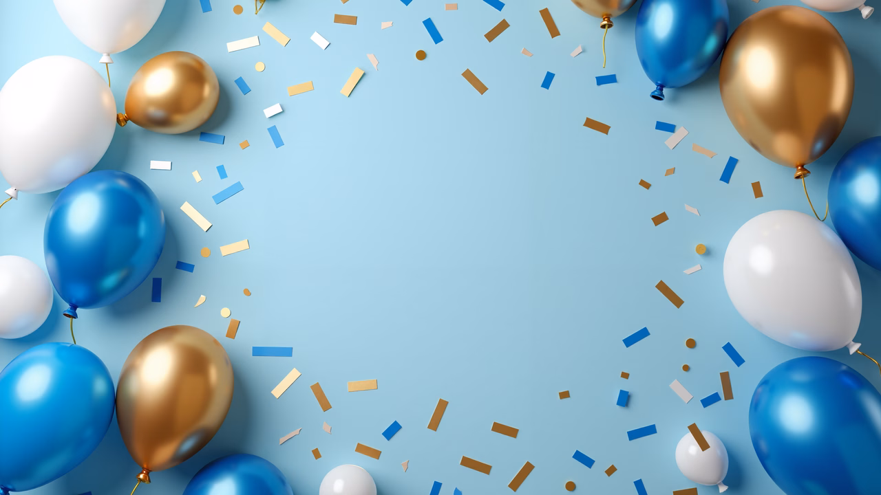 Glossy balloons and confetti on a festive blue background.
