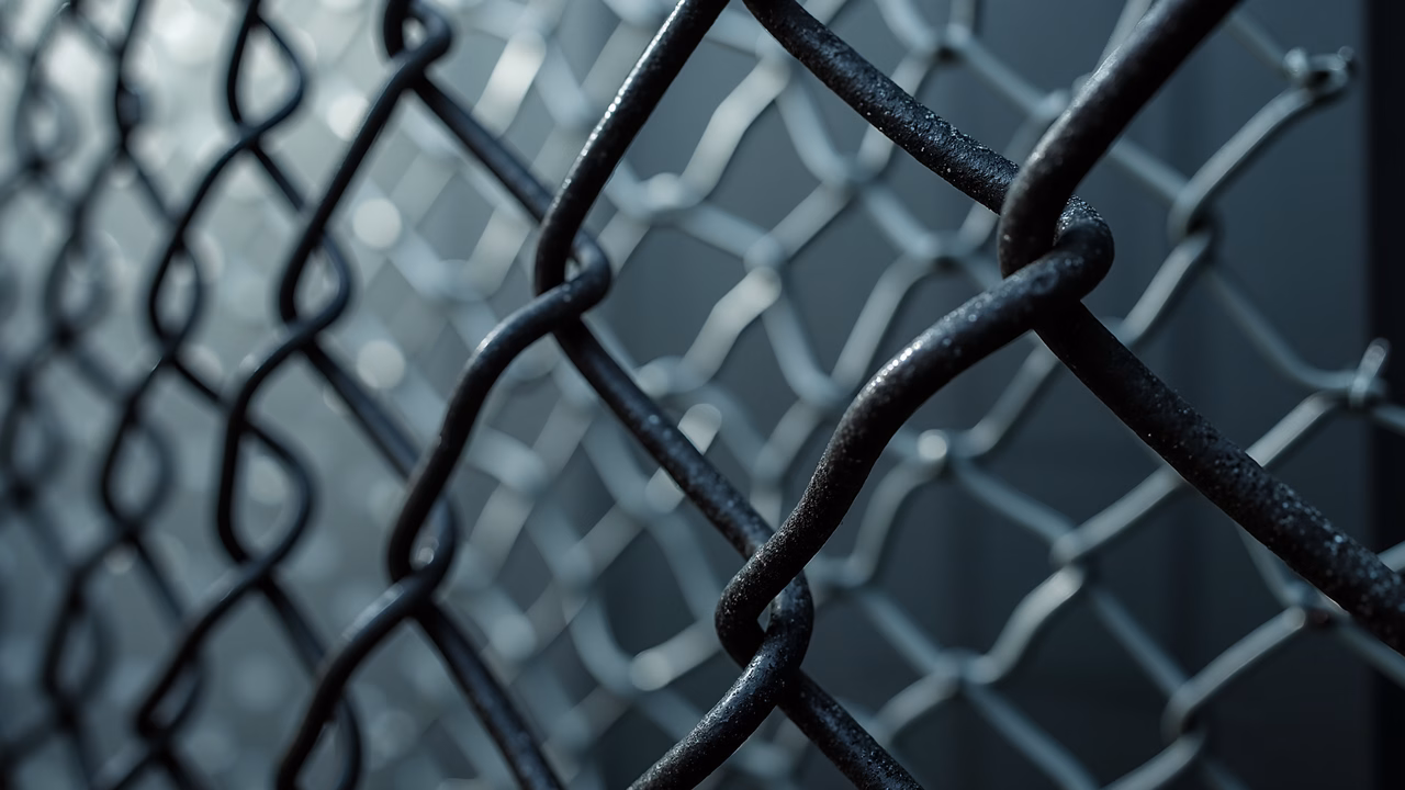 Close-up of chain link fence, monochromatic textures, architectural barriers.