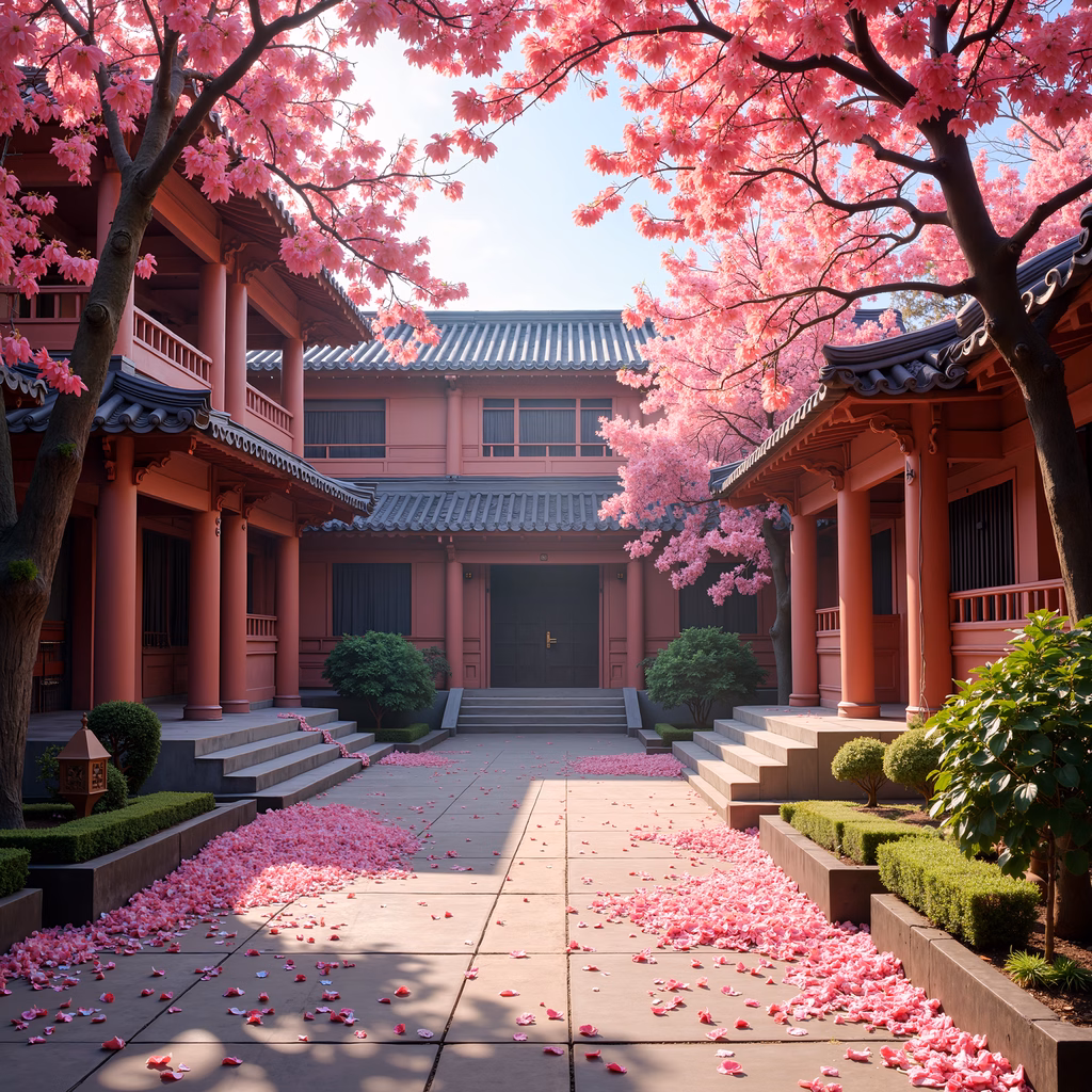 A peaceful courtyard with cherry blossoms and traditional architecture.