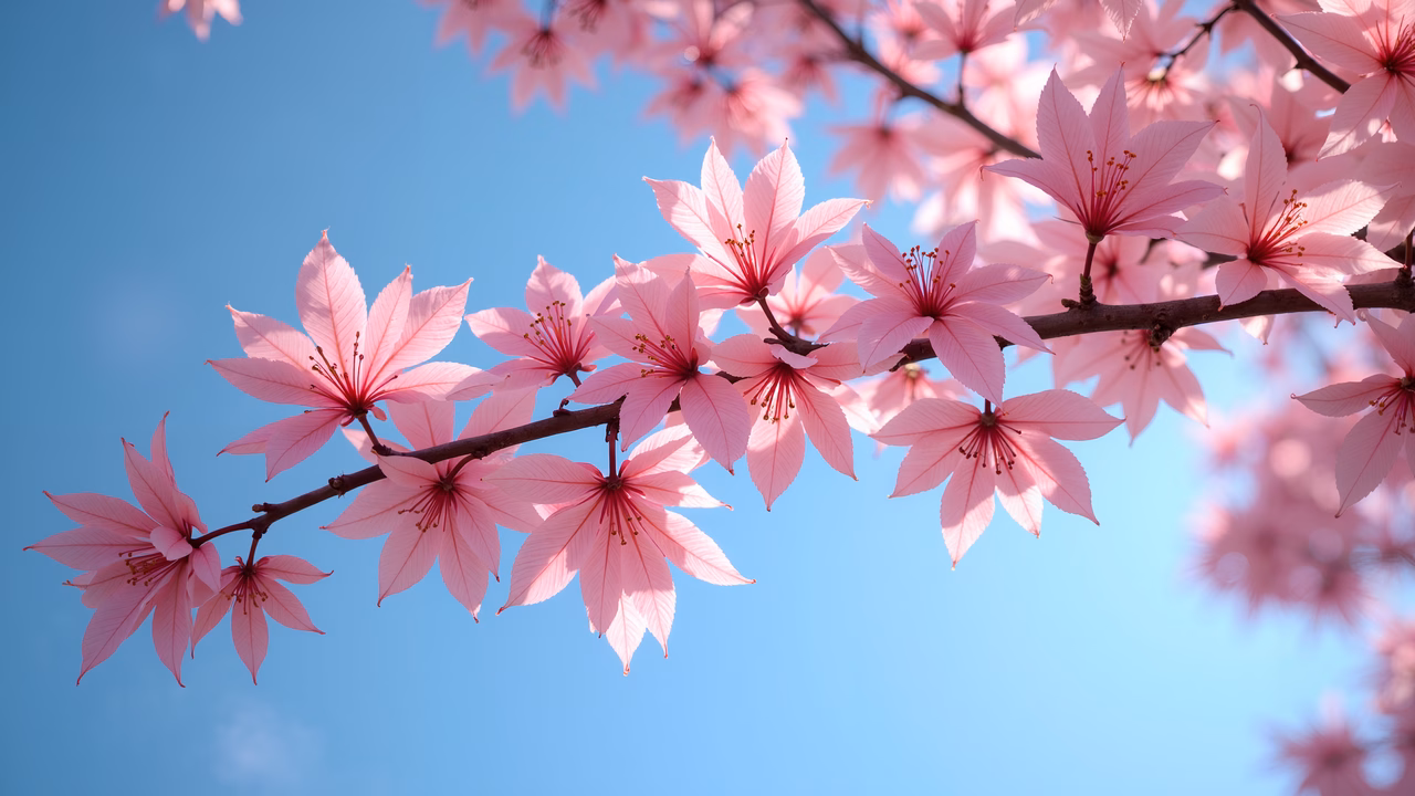 Delicate pink cherry blossoms against a clear blue sky, evoking tranquility and natural beauty.