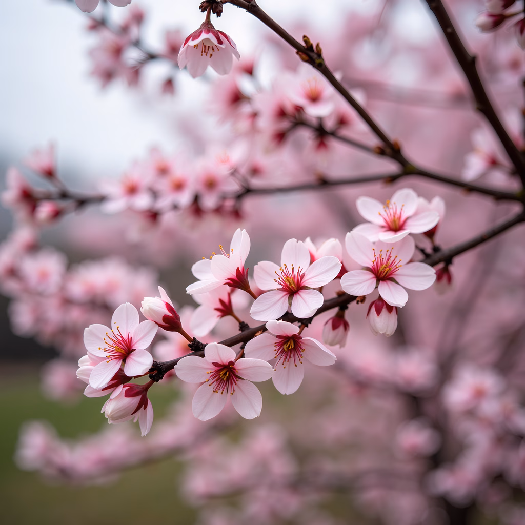 Close-up of cherry blossoms in full bloom, soft pink hues, serene atmosphere.