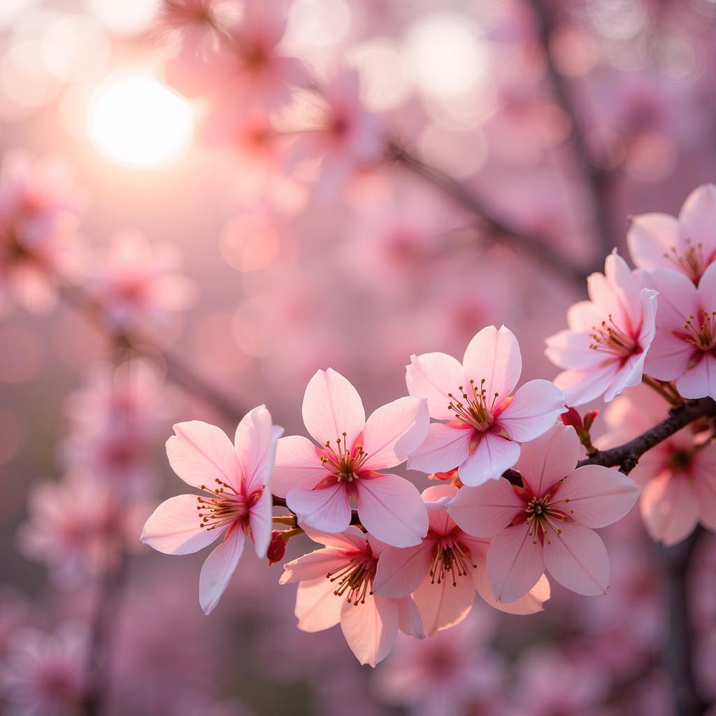 Soft pink cherry blossoms in gentle sunlight, evoking tranquility and renewal.