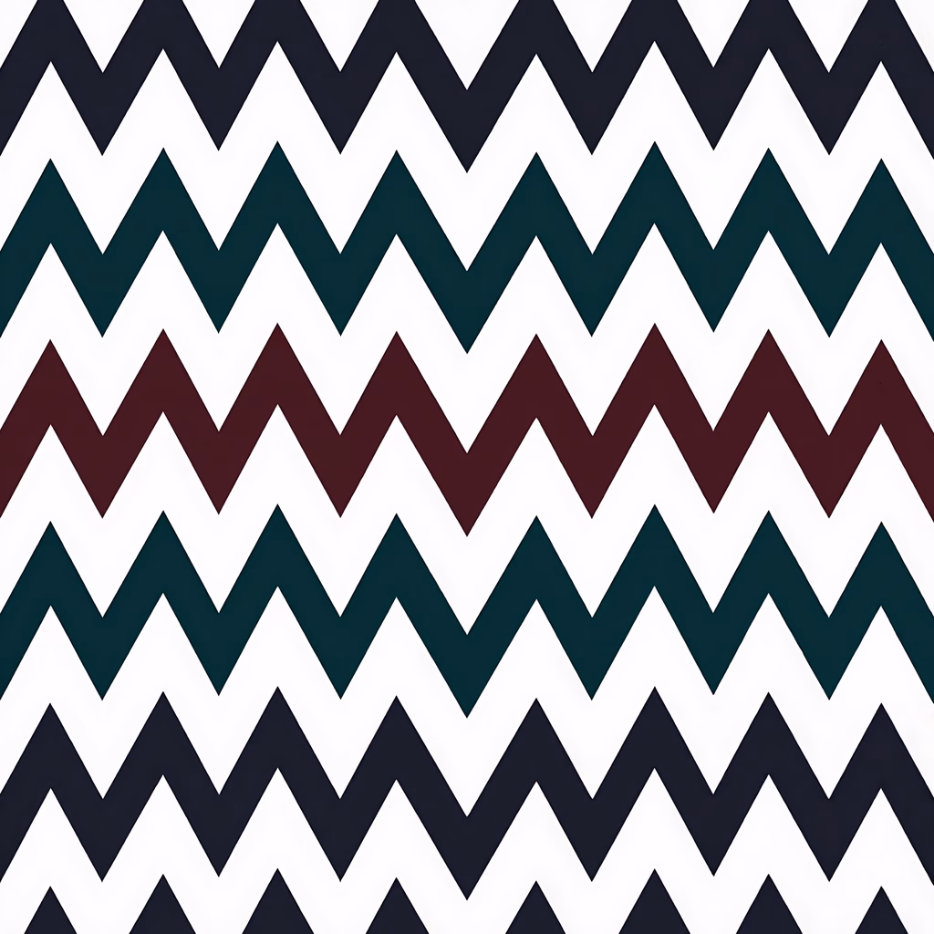 Bold chevron pattern with dark green, maroon, and black on white.