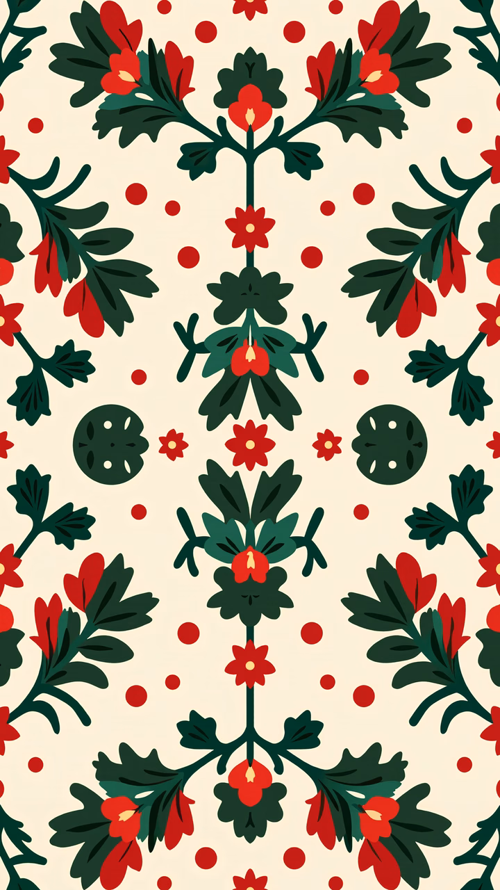 Classic Christmas holly pattern with bold colors and symmetrical design.