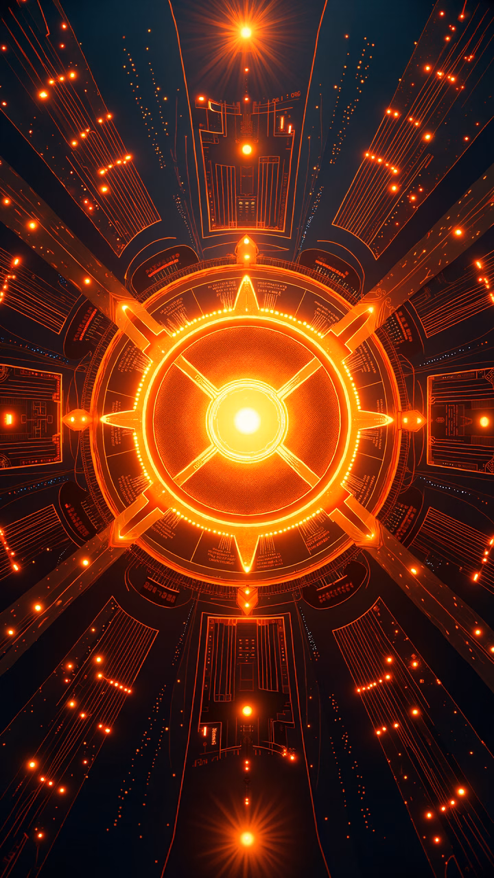A vibrant, futuristic circular design with intricate patterns and warm colors.