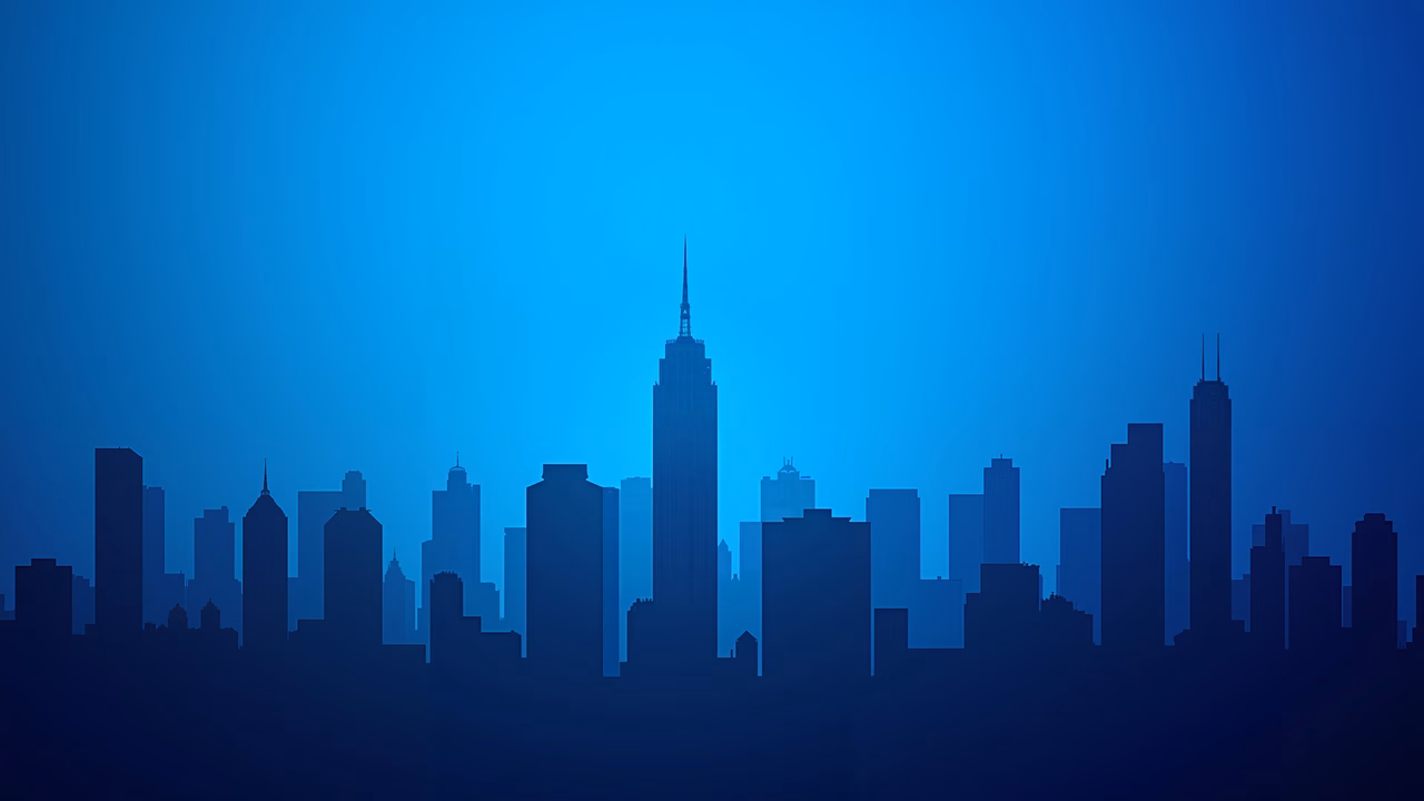 Silhouetted cityscape against a blue gradient backdrop.