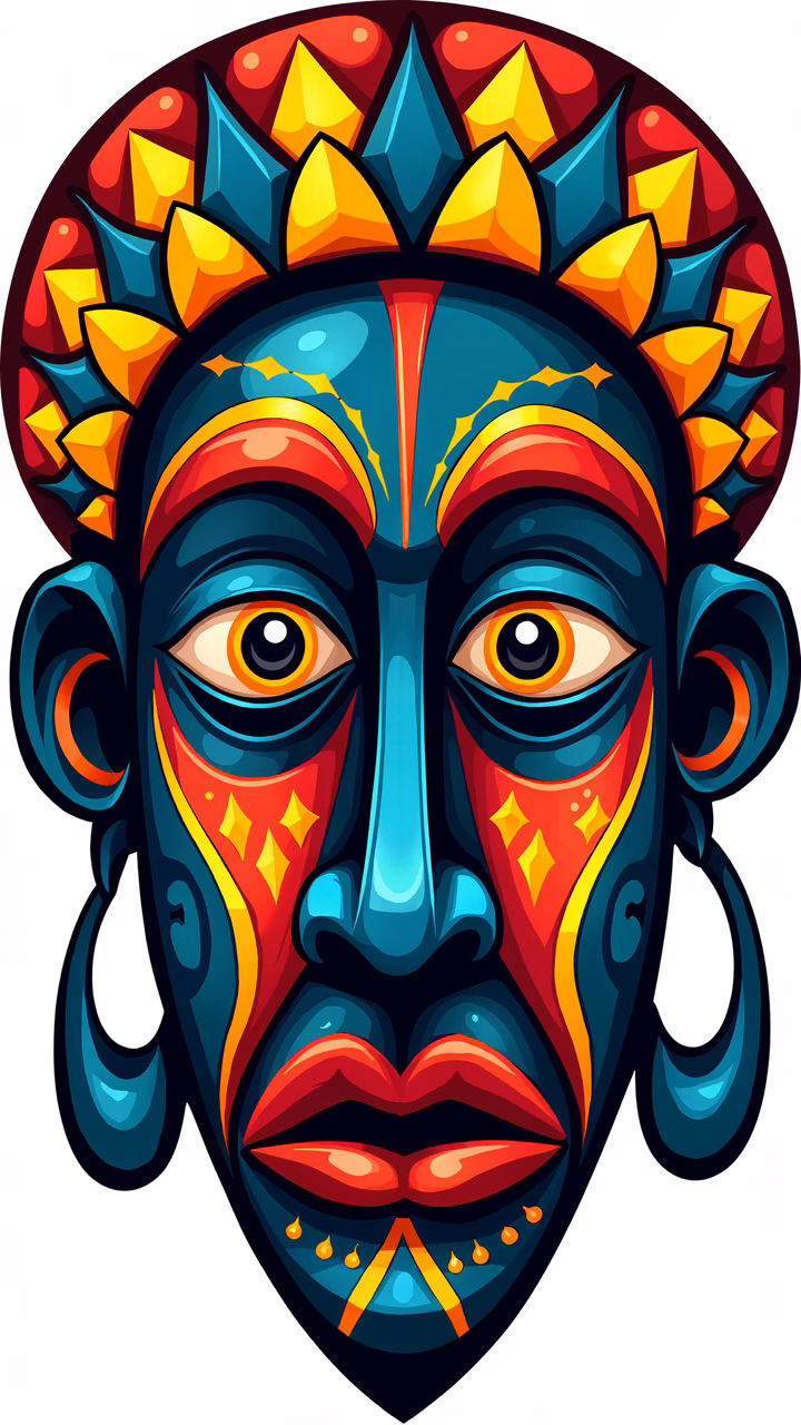 Vibrant, colorful, African mask illustration