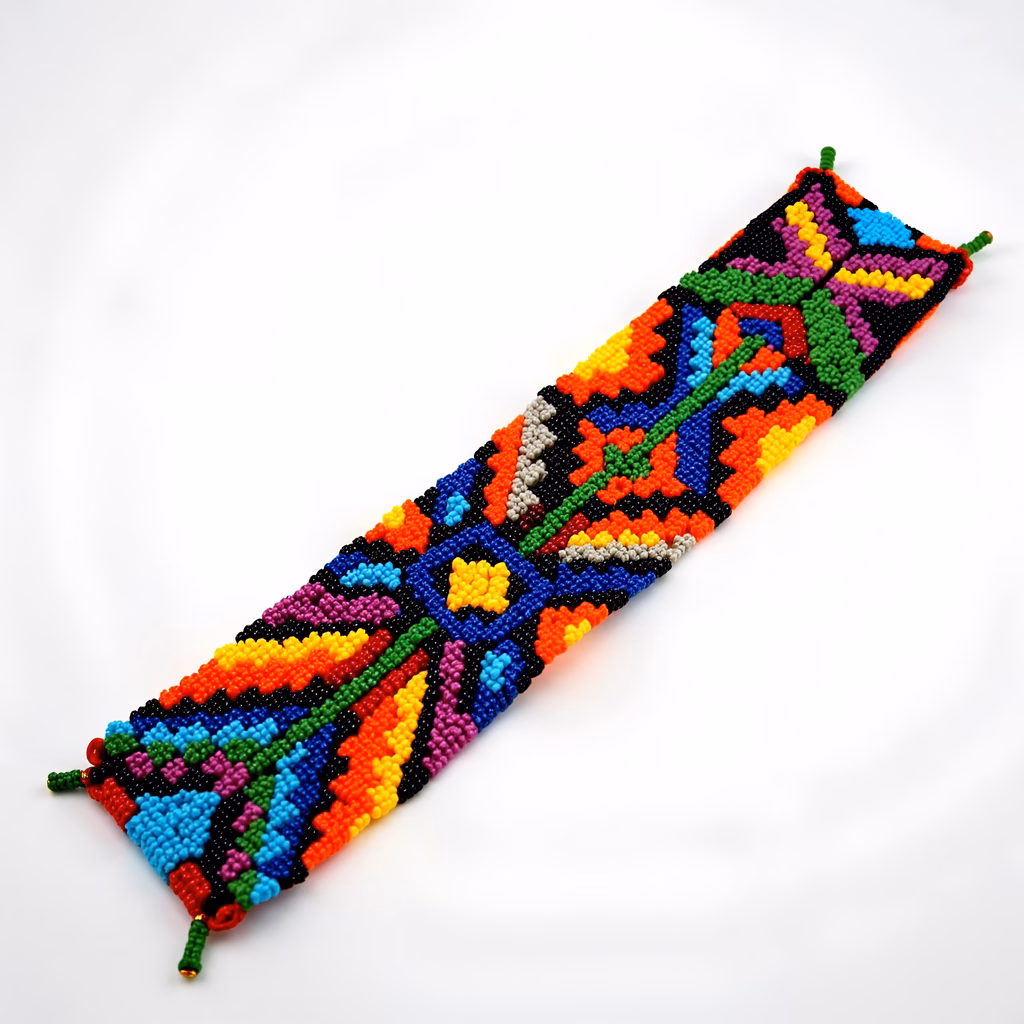 Vibrant beaded bracelet with geometric patterns and rich colors