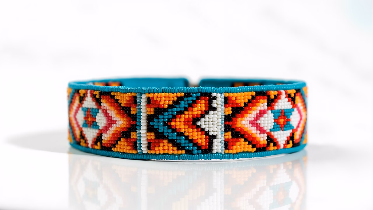 Vibrant beaded bracelet with geometric patterns on a clean background.