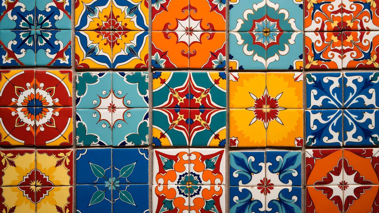 Vibrant ceramic tiles with intricate floral designs in bold colors.