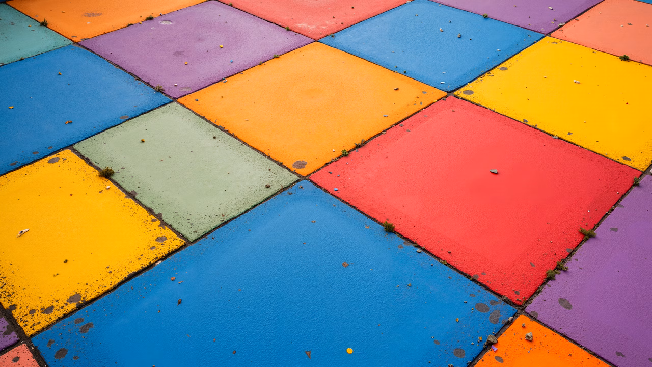 Vibrant, diagonal tiles in a street art setting