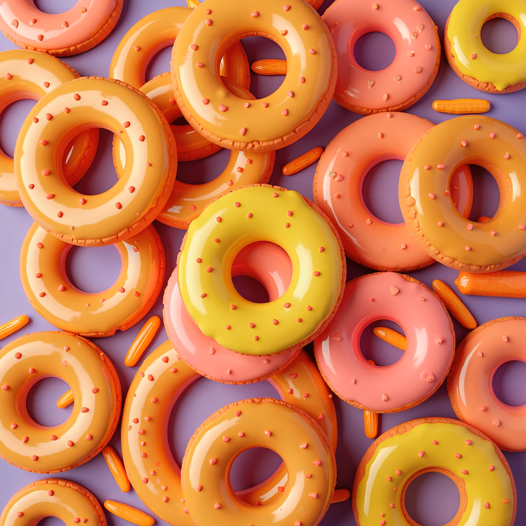Brightly colored donuts with sprinkles on a lavender background.