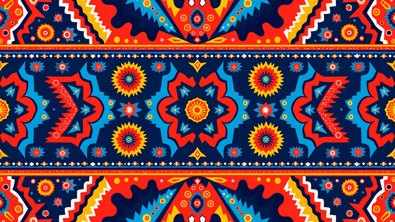 Vibrant ethnic pattern with bold colors and intricate designs.