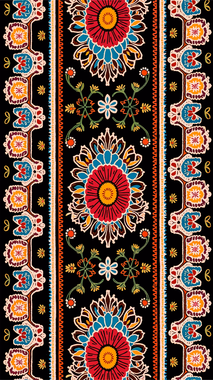 Vibrant ethnic pattern with bold colors and intricate designs