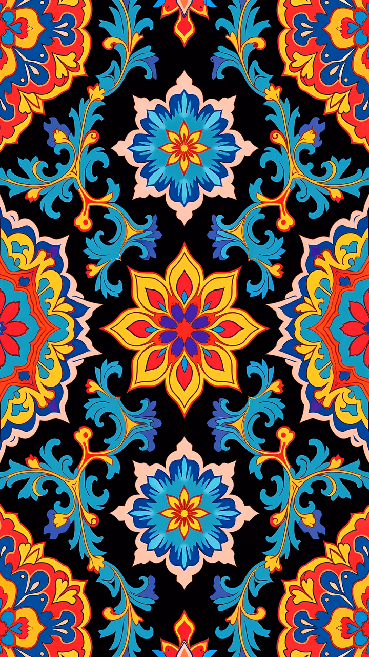 Vibrant floral pattern with intricate details and bold colors on a black background.
