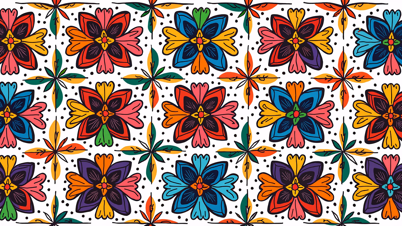 Vibrant floral pattern with bold colors and intricate details.