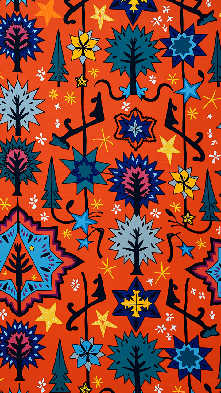 Vibrant folk art pattern with stylized trees and flowers on a red background.