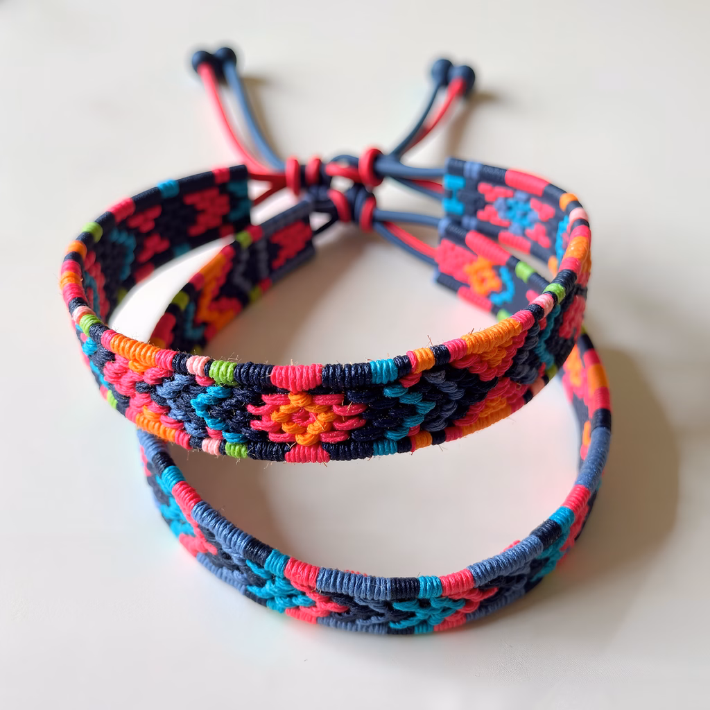 Brightly colored friendship bracelets showcasing intricate weaving and geometric patterns.